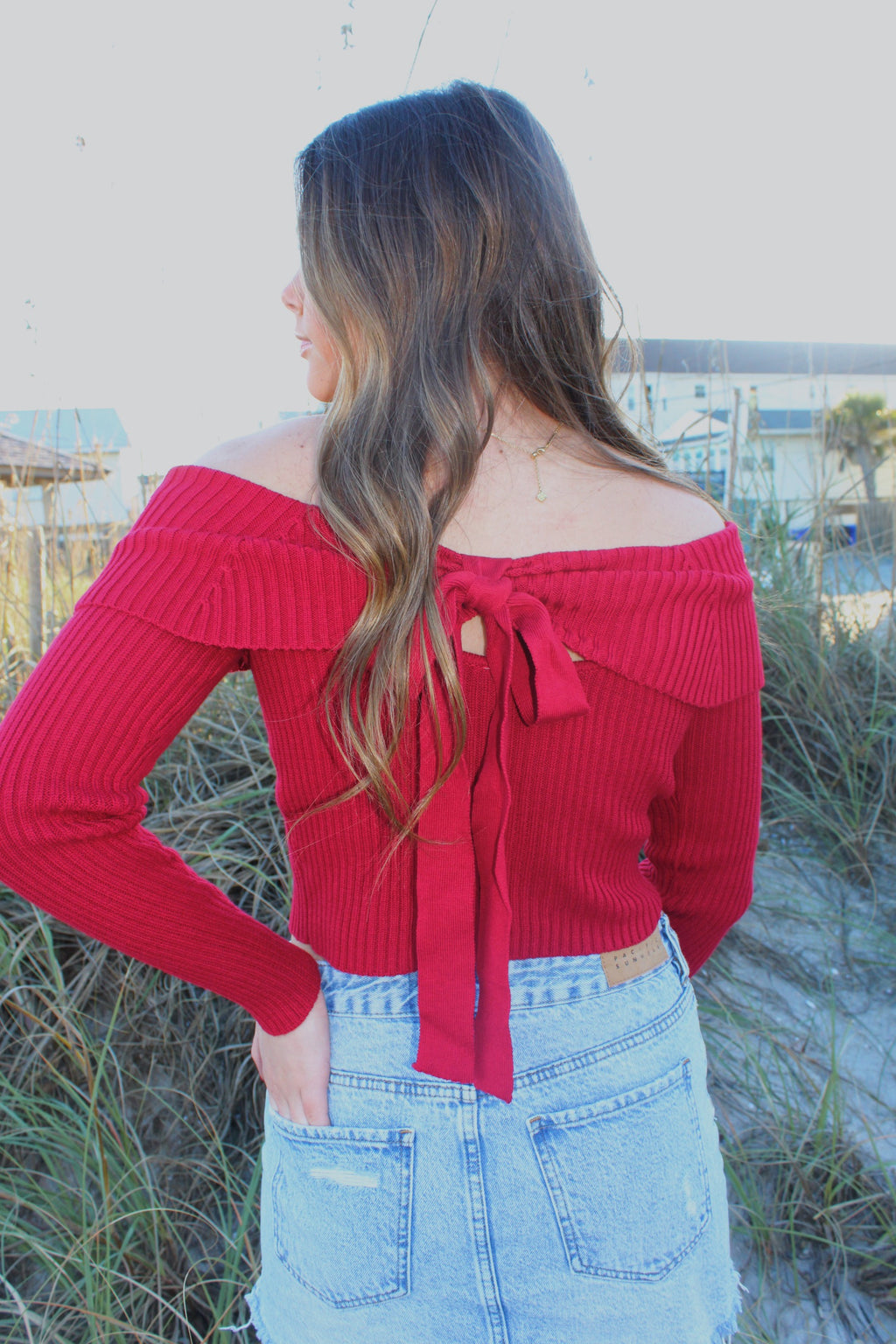 Off Shoulder Tie Back Sweater